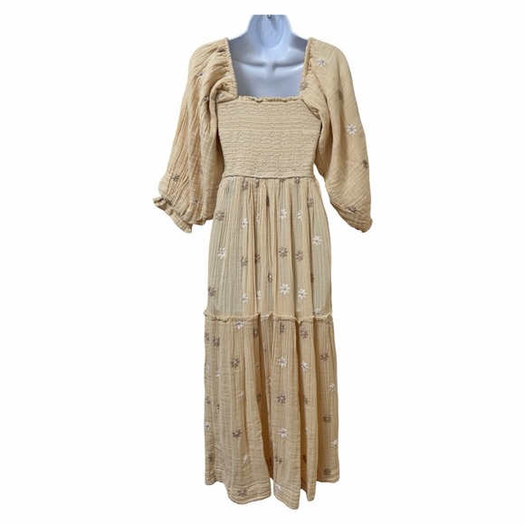 Free People Dahlia Embroidered Puff Sleeve Maxi Dress Size XS Cream Cottage NWT - Picture 2 of 10